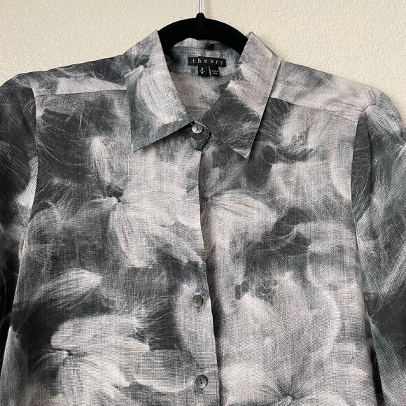 Theory Top Womens Small White Black 100% Silk Floral Quiet Luxury Artsy Preppy - Picture 4 of 11